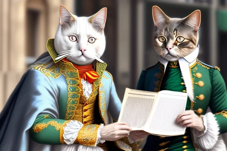 Mature cats dressed like "Wolfgang Amadeus Mozart", playing music, street, Vienna, friendly, sunny day, model style, hyper realistic, extremely accurate, delicate, extremely detailed, Graphic novel style, wide-angle, open aperture, superfine pencil