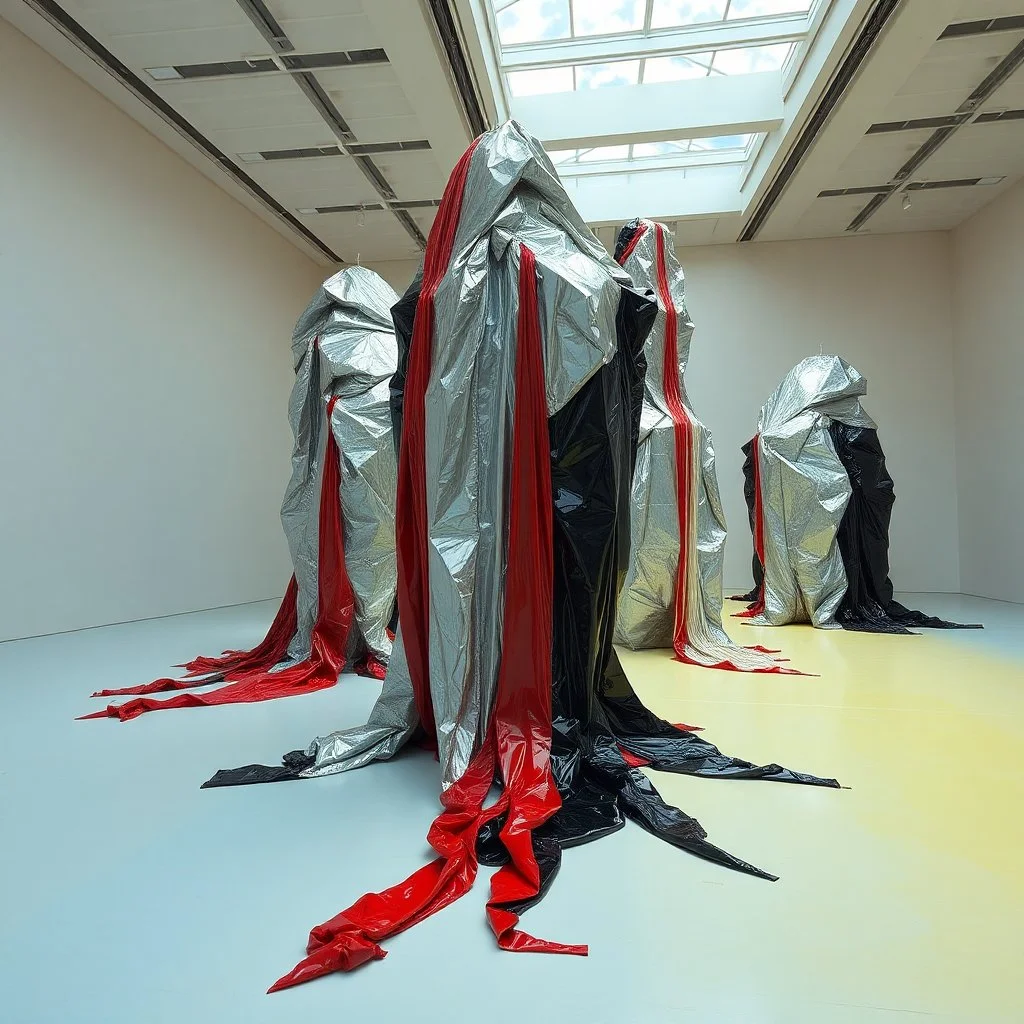 Fotografia di una installazione artistica. Su una superficie piatta di colore azzurro chiaro e giallo pastello, all'interno di una stanza di immensa, si ergono alcuni gigantesche immense enormi strutture di forma indefinita, fatte di materiali vari, ricoperte da materiale plastico argentato, rosso, e nero, che scende a terra. Max Ernst, Amano, Yves Tanguy, Piet Mondrian, James Ensor, paranoic, obsessive, eccessivo, aria aperta, sole, nuvole, glossy, surreal, hasselblad h6d400c --ar 85:128 --v 6