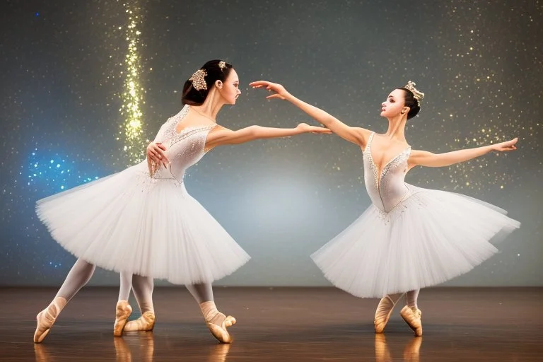 very beautiful a ballet male and female dancers couple in very pretty clothing dancing ,hyper realistic ,disco lights,very luxury dance stage ,with nice light sources and devices in stage, close up