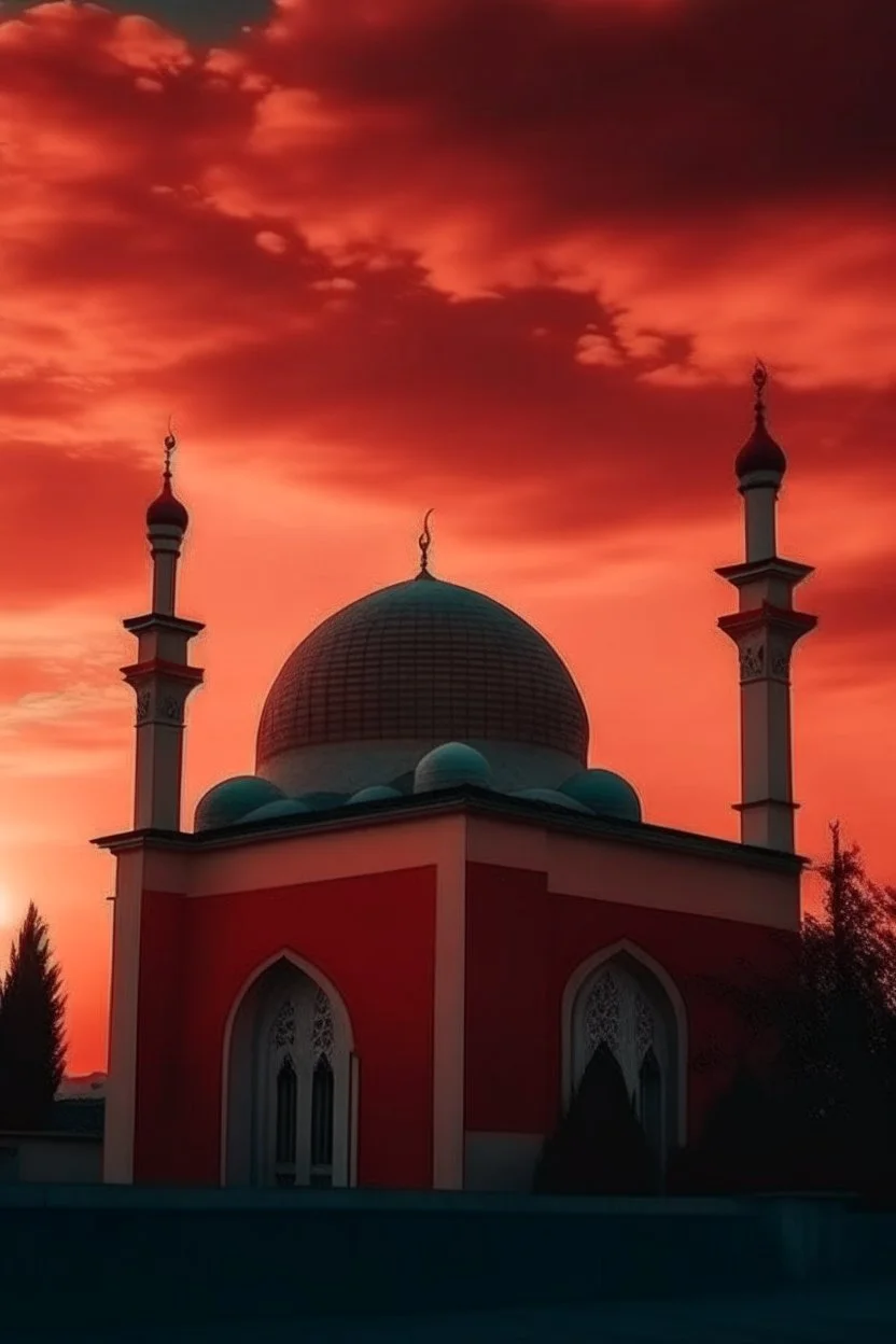 gambar masjid aestetik dengan pemandangan langit merah sore