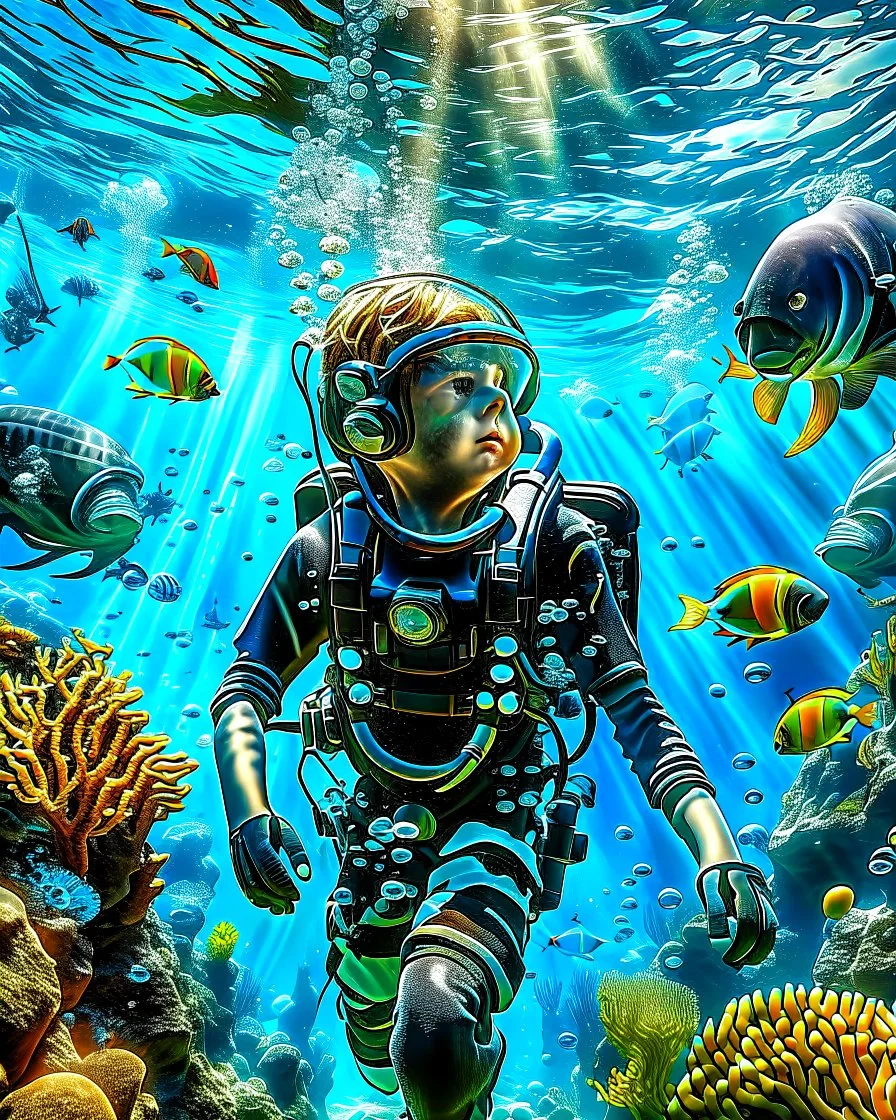 Make a image of a young boy wearing scuba gear, underwater with fish, jellyfish and bubbles. Low angle view looking up towards the surface of the Ocean, Photorealistic.