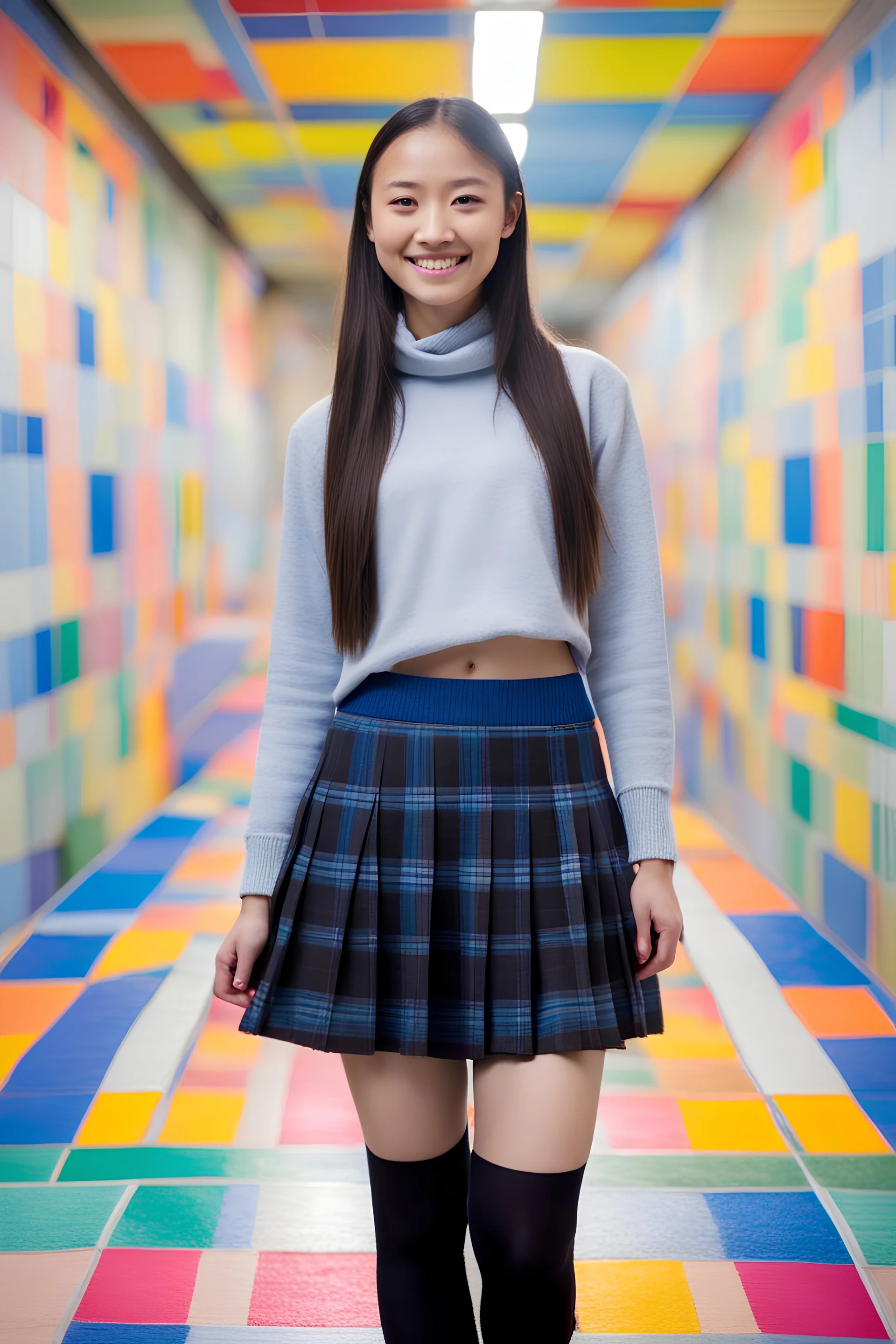 multicolored, neon lit, tiled floor -- smiling 18-year-old Samantha Splooge, long, black hair, ponytail, blue eyes, short, pleated, plaid wool skirt, cotton blouse, a wool sweater, oxford shoes, and a neck scarf, professional quality studio 8x10 UHD Digital photograph, multicolored spotlight, Photorealistic, realistic stock photo,