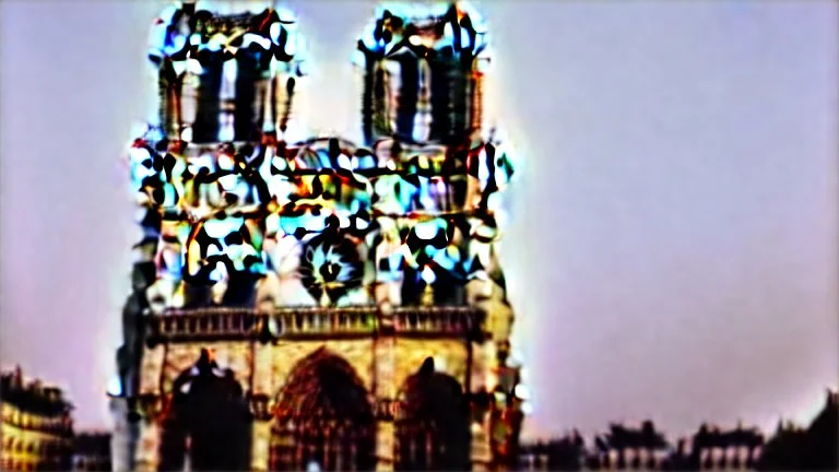 A Tesla semi-truck is racing at top speed, by the Notre-Dame Cathedral, in Paris. CINEMATIC. WIDE ANGLE LENS. PHOTO REAL.