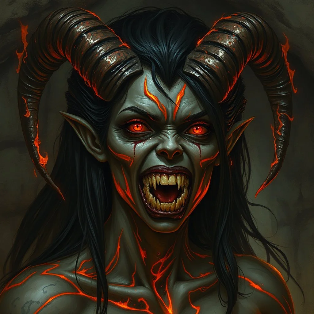 A female eldritch horror being, skin like obsidian with streaks of magma shining through, coal-black hair, rows of sharp white teeth, long flaming horns, greg rutkowski, intricate details, cave setting