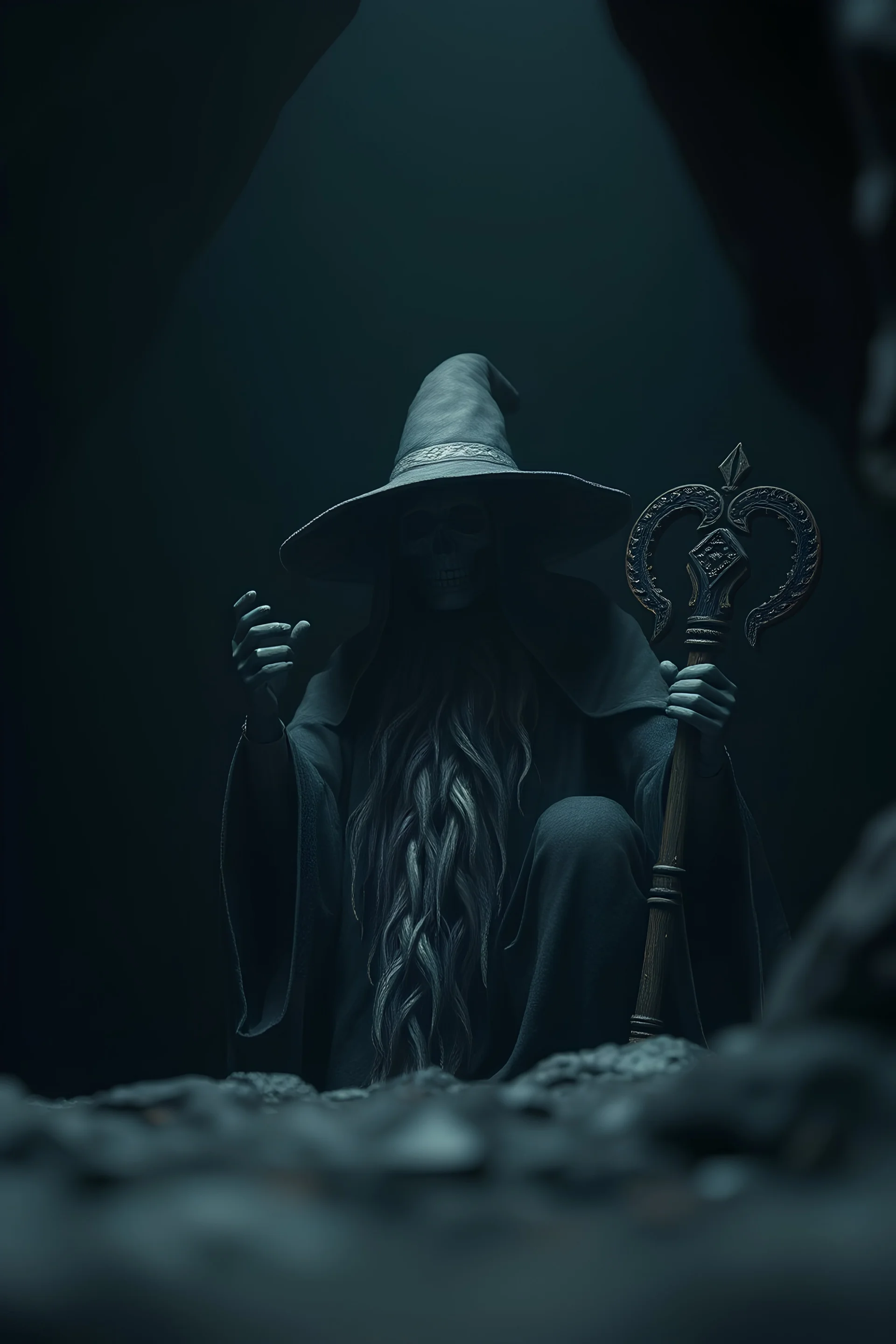 dead wizard in dark cave ,bokeh like f/0.8, tilt-shift lens 8k, high detail, smooth render, down-light, unreal engine