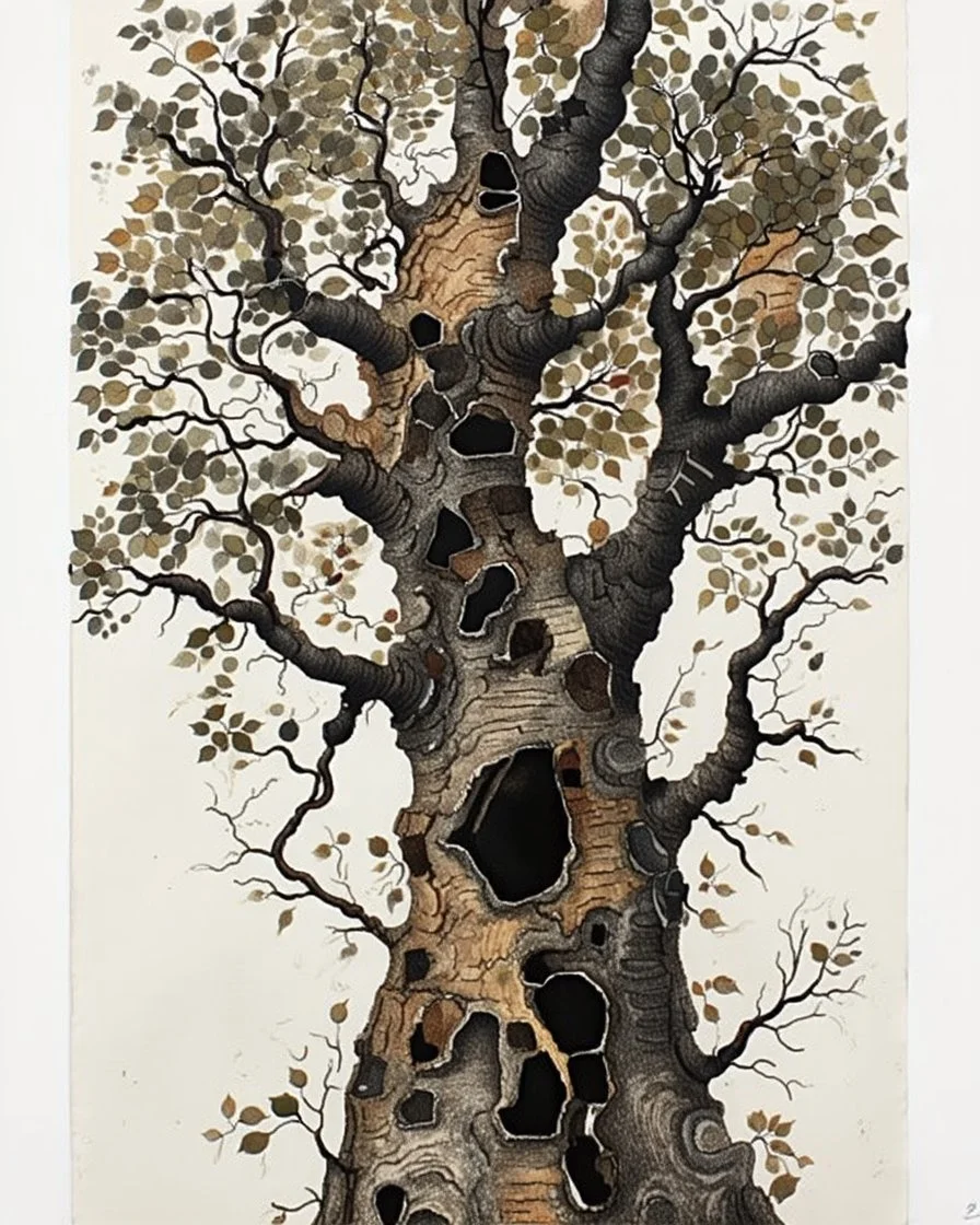 Abstract primitive tree composed of organic bark and leaf textures, fragmented into interlocking sections of varying magnification (macro veins, branch close-ups, distant silhouettes), all fused with no boundaries; rough charcoal, angular limbs and leaves, each section using distinct hatching densities and mark systems, high-contrast black on white, naive cubist/raw sketch style, continuous bleeding collage, square frame, edge-to-edge. Colored in rich but soft earth tones with the blacks preser