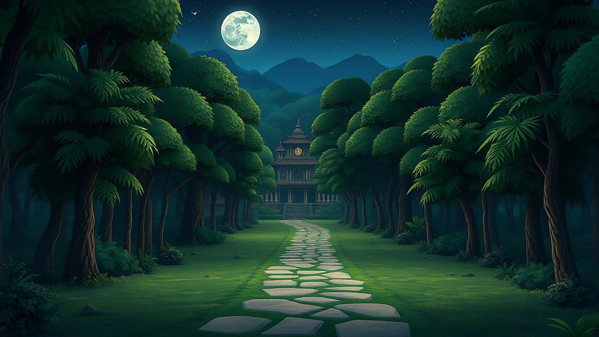 Make a dense forest at night scene in a village make a cartoon make a path like that straight walking is done and make the trees behind the main path main path is horizontal to the plane make this in 3d make a beautiful palace in a jungle