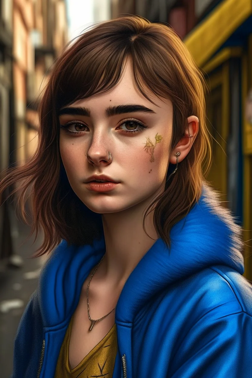 1girl, hoodie, arm tattoo, portrait, asymmetrical bangs, bandaid, short hair, bangs, breasts, freckles, grey eyes, large breasts, looking at viewer, neck tattoo, nose piercing, pink hair, scar, scar on face, solo, tattoo on face, upper body, detailed background, town, alley, dark alley, portrait, hood on head, night, angry, close up, closed mouth, , ((masterpiece)), absurdres <lora:arcane_offset:1>