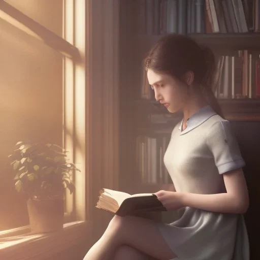 Study girl read a book in by the window, movie, real photo realistic, unreal engine, cinematic lighting --ar 1:1 creative