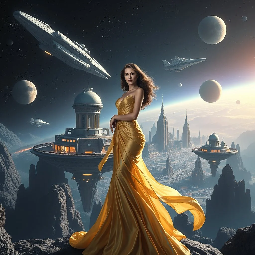 A breathtaking cosmic fantasy scene featuring a stunningly realistic beautiful woman with a perfect face and sculpted figure standing gracefully at the center of a floating CIFI town with Space craft landed over it. Surrounding her are CIFI buildings in deep space. She wears an elegant flowing gown in vibrant gold and blue hues that billow around her perfect form.