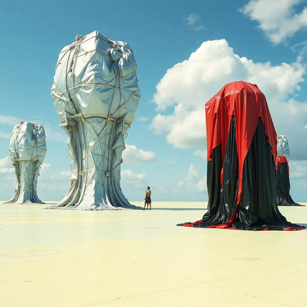 Fotografia di una superficie piatta di colore azzurro chiaro e giallo pastello, su cui si ergono alcuni giganteschime immense enormi strutture di forma indefinita, fatte di materiali vari, ricoperte da materiale plastico argentato, rosso, e nero, che scende a terra. Max Ernst, Audubon, Amano, Ernst Haeckel e Yves Tanguy, paranoic, obsessive, nightmare, aria aperta, sole, nuvole, glossy, surreal, hasselblad h6d400c --ar 85:128 --v 6.