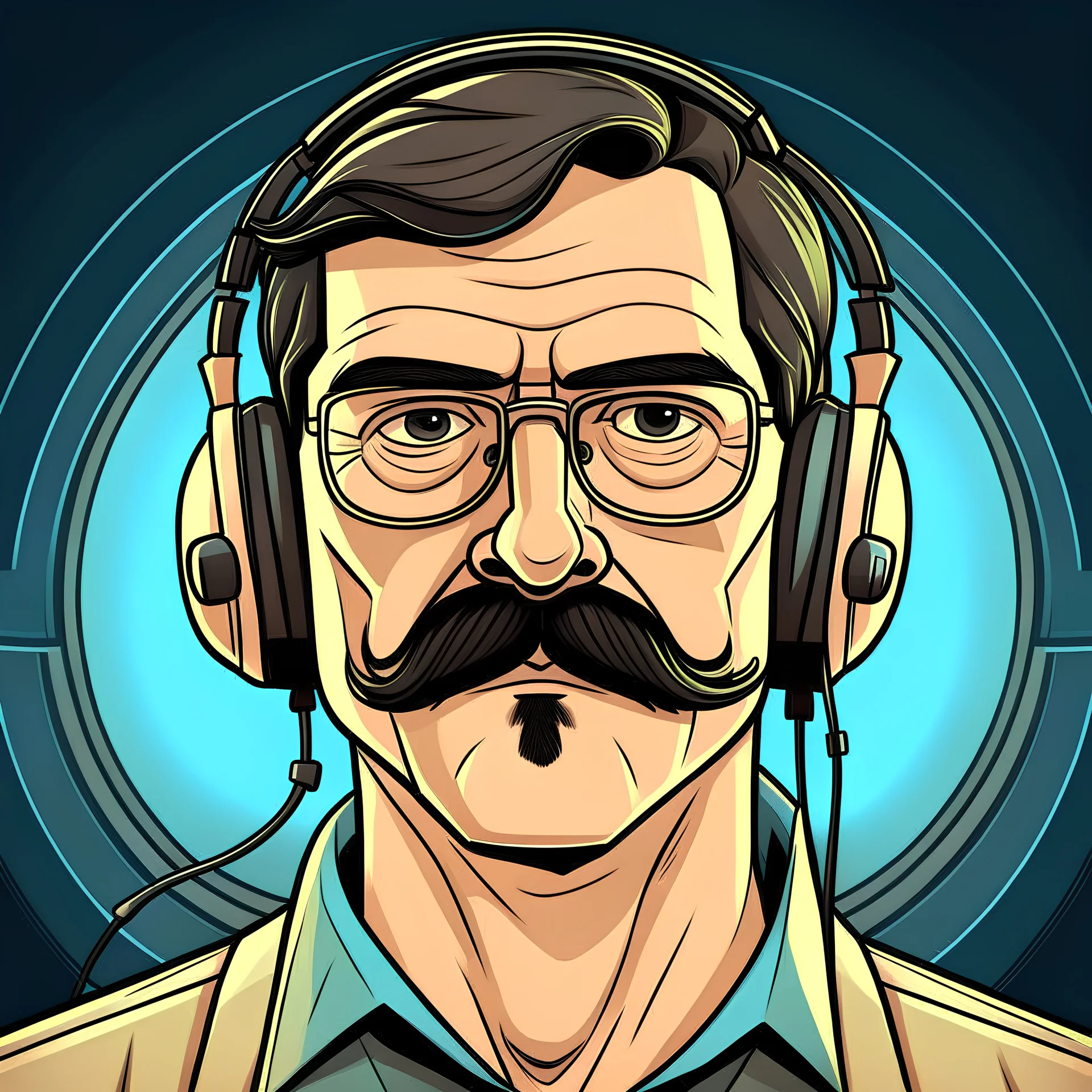 in the illustration style of Grand Theft Auto V, a promotional radio station image of a white male radio DJ with glasses and a mustache, cool stylish hair