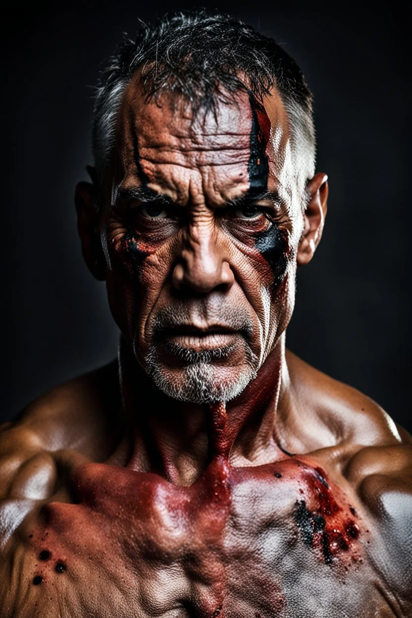 portrait of a 55 year old man. He's a warrior. His face is scarred and he has large scars. He has a dark and frightening look. He has salt and pepper short hair and a beard. He seems very strong. He is very muscular.