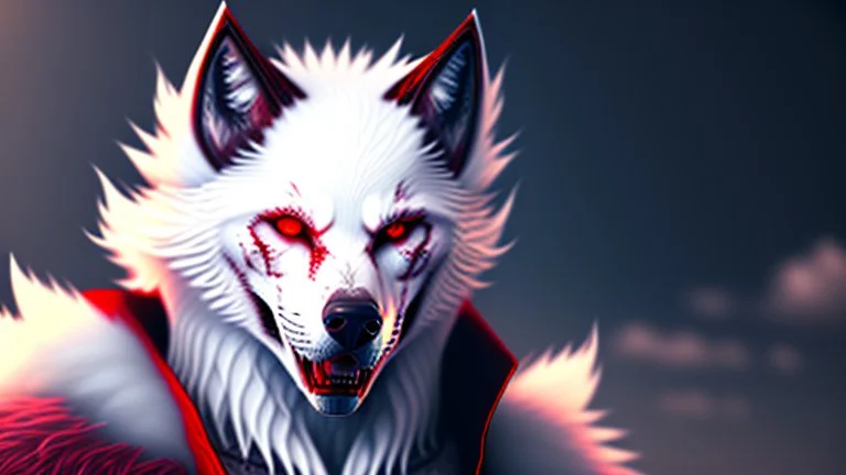 Feral, White fur, Werewolf, Red eyes, character, waist up portrait, oil on canvas, expert, insanely detailed, 4k resolution, cinematic smooth, intricate detail,