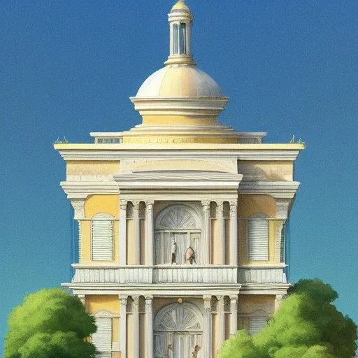 A Vignola classicism palladio Architecture building with futuristic glass building and trees +detailed facades+highly detailed++ Book illustration by Gediminas Pranckevičius, Jean Baptiste Monge, Brian Kesinger, Anton fadeev, strong lines, high contrast vibrant colors, 16k resolution, trending on behance""