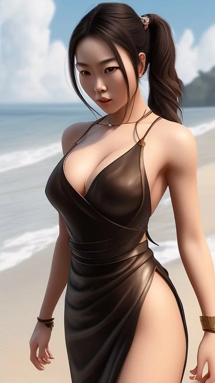 4K Photorealism : 30 year old Asian woman with a full body with a proportional body, symmetrical face, precise clean brown eyes, long flowing hair, precise chest accentuation, showing typical Japanese clothing