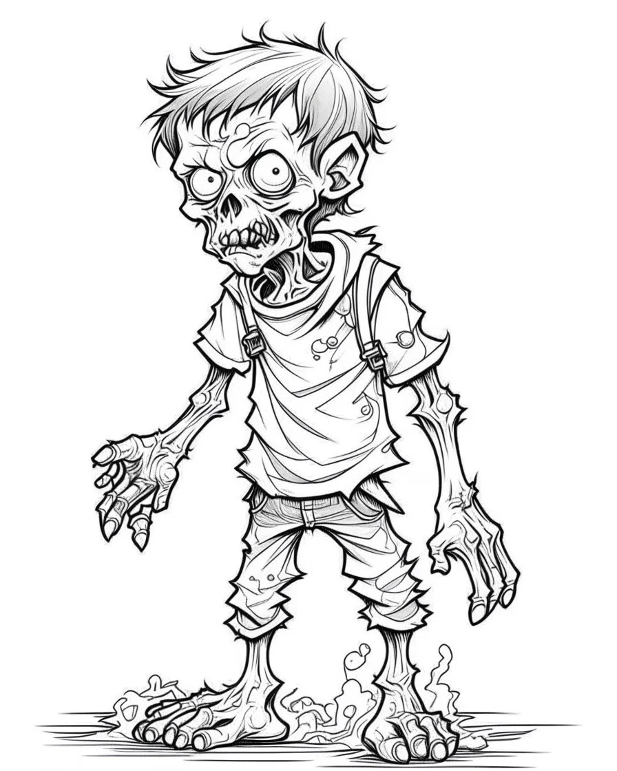 real little zombiet, coloring image , full body (((((white background))))), only use an outline., real style, line art, white color, clean line art, white background, Sketch style