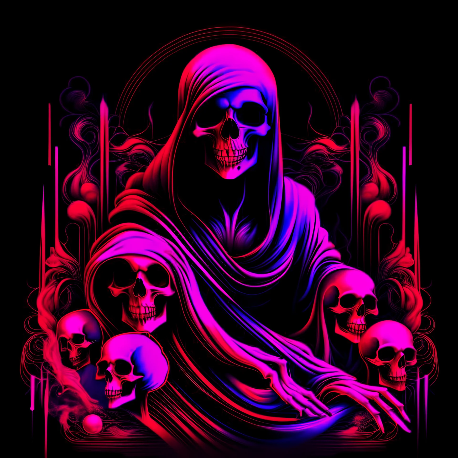 death in neon style with red, black, pink and purple colours