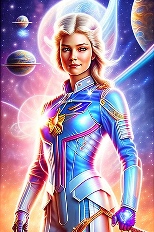 young cosmic woman admiral from the future, one fine whole face, large cosmic forehead, crystalline skin, expressive blue eyes, blue hair, smiling lips, very nice smile, costume pleiadian,rainbow ufo Beautiful tall woman pleiadian Galactic commander, ship, perfect datailed golden galactic suit, high rank, long blond hair, hand whit five perfect detailed finger, amazing big blue eyes, smilling mouth, high drfinition lips, cosmic happiness, bright colors, blue, pink, gold, jewels, realistic, real