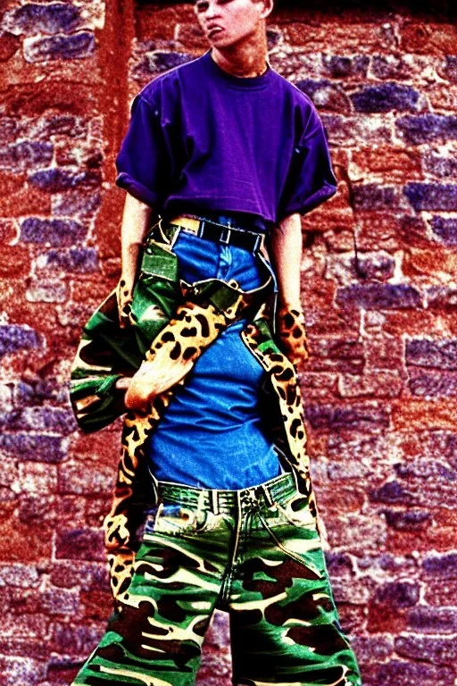 year 1997 denim fashion, Techno, "combat pants", cargo, Loose fit, low waist, baggy. Colors: denim blue, blue, purple, khaki, light green, lilac, plum, orange, terracotta, red, pink, dark blue, beige. Patterns: cheetah, balls, stripes. cheetah belt. Something between camouflage and cheetah prints. Women models. Sharon Stone, Sandra Bullock, Winona Ryder, Milla Jovovich, Big tennis shoes on. Latex in small part, areas, clothes..Combat pants. Leg warmers.