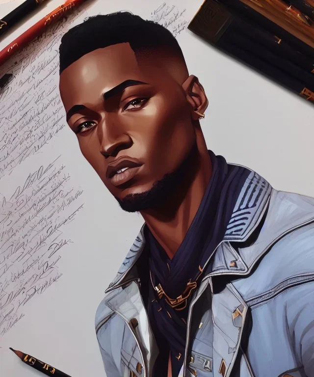 Fashion illustration, fashion drawing, Croquis, Hussein Suleiman, Jefferson Osei, Abderrahmane Trabsini, mudcloth denim jacket, kente cloth, jeans, flare leg, African American model, Luke Edward Hall