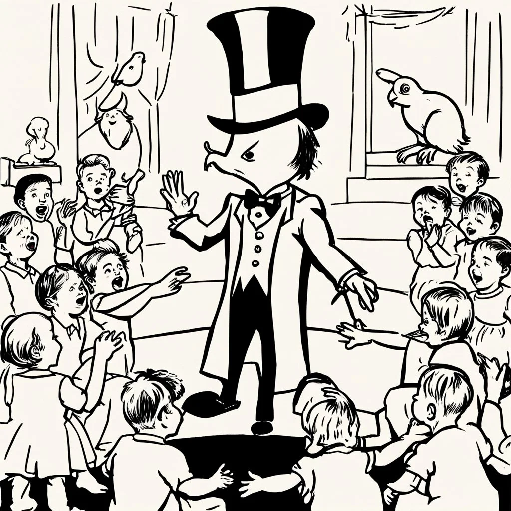 A magician stands in front of a group of children who sit in front of him on a mat on the floor and pulls out a rabbit from a top hat, the children look open-mouthed and wide-eyed and clap their hands, in the background a parrot stands on a pole and observes what is happening