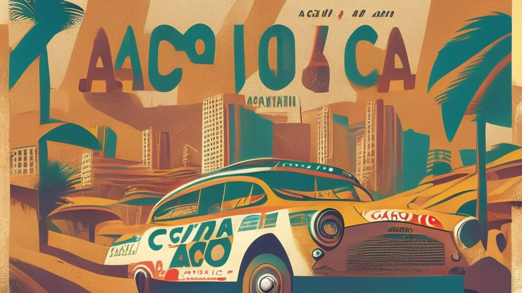 "I'm seeking an exhilarating poster for '<Achayo> Vintage Rally Racing.' The backdrop should feature an Ethiopian cityscape, capturing the vibrancy of urban life. In the foreground, a stylish vintage rally car, complete with rally lights and vintage decals, takes center stage. Use earthy tones for the city background and vibrant colors for the rally car. Select bold fonts in dynamic colors for the event title and details. Incorporate dust or dirt effects to evoke the rally racing atmosphere. Inc