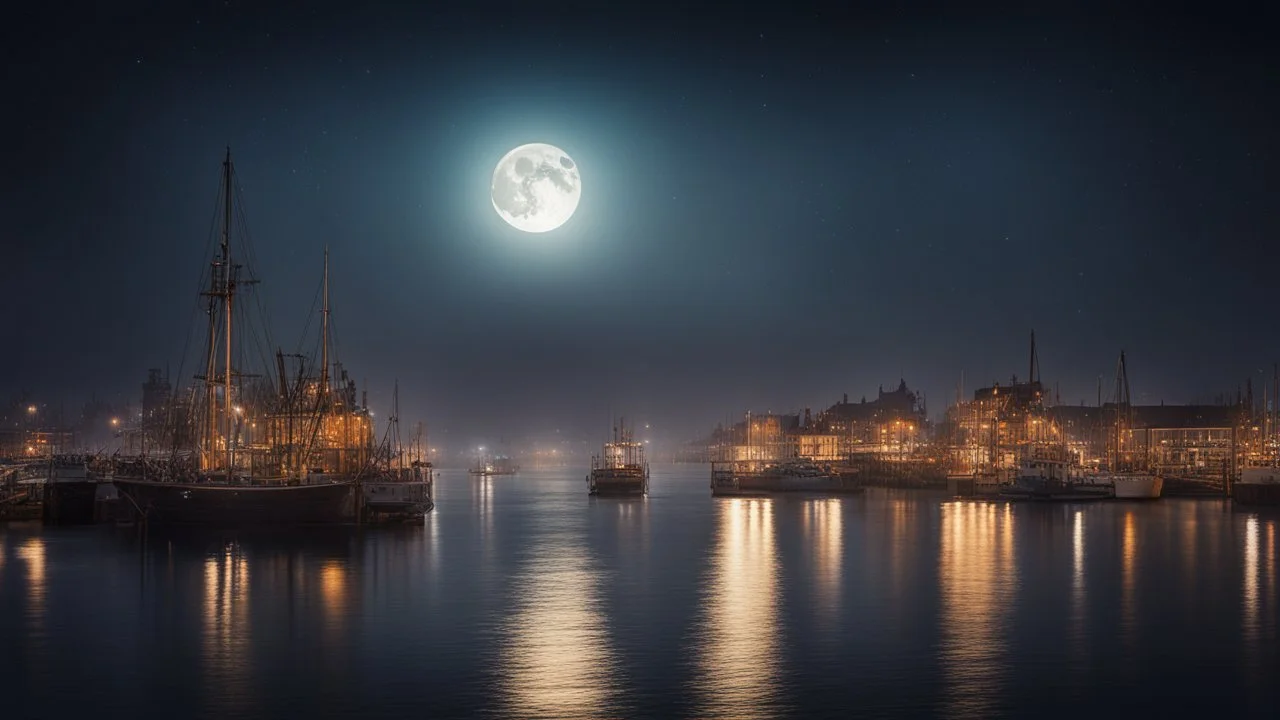 dream world, Grimsby city harbour, calm beauty, fantasy world, magic, night, darkness, moonlight, starlight, splendor, uplifting, inspiring, therapeutic, chiaroscuro, color, award-winning colour photograph, beautiful composition, Nikon 135mm