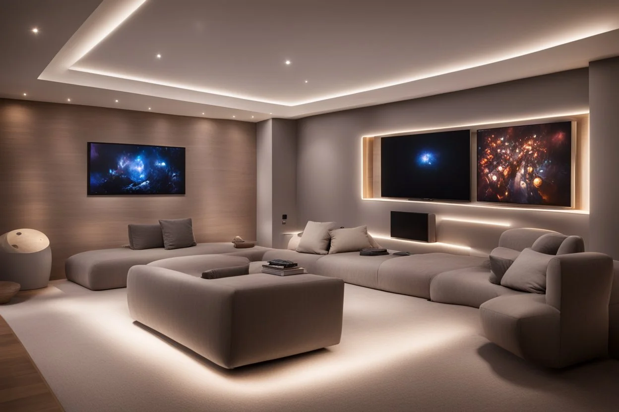 a dedicated home cinema room with LED ambient lighting in the walls