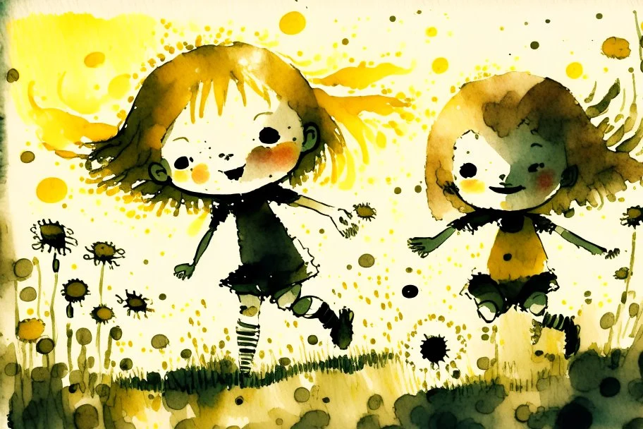 cute chibi anime smiling faced daisy flowers playing football in sunshine, styles of Paul Klee Dee Nickerson and Tim Burton, melting watercolor and black ink outlines on wet paper, soft, shading strokes, in sunshine, ethereal, cinematic postprocessing, bokeh, dof