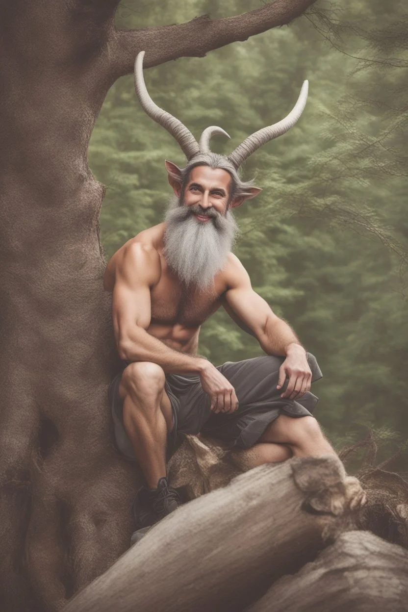 full body view, photography of a mythical satyr, a half man, half goat in the forest, eyes squinting, horns like a male goat, in the style of glitter pastels, grey goatee, ruddy weathered, hairy man face, lower body is a goat with goat legs and hooves, smiling, sitting on a tree stump