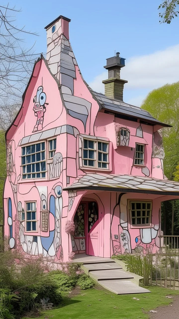 A pink magical witch's house painted by Jean Dubuffet