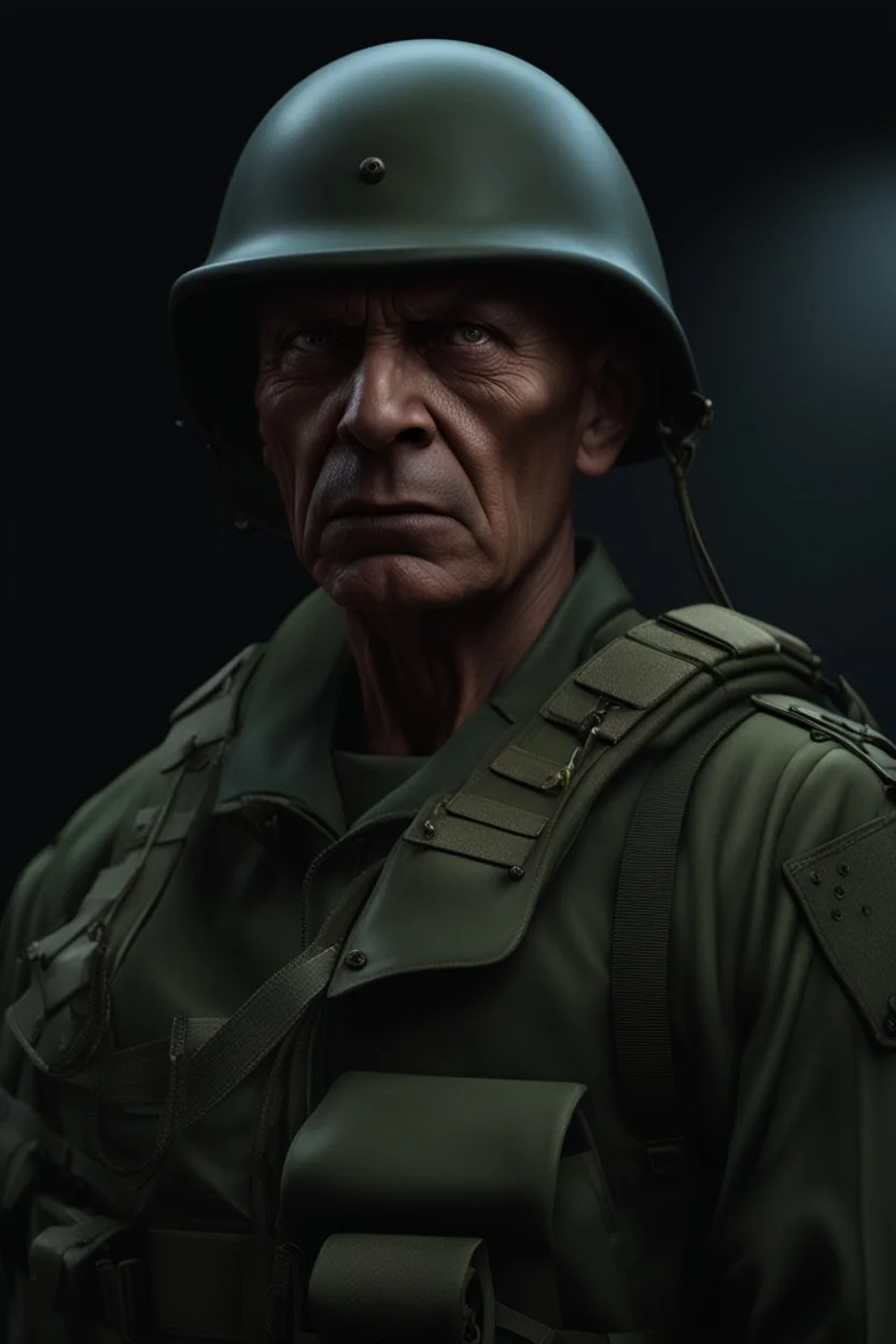 portrait of a 50 year old evil soldier. sneering expression, bald, photorealistic, 4k