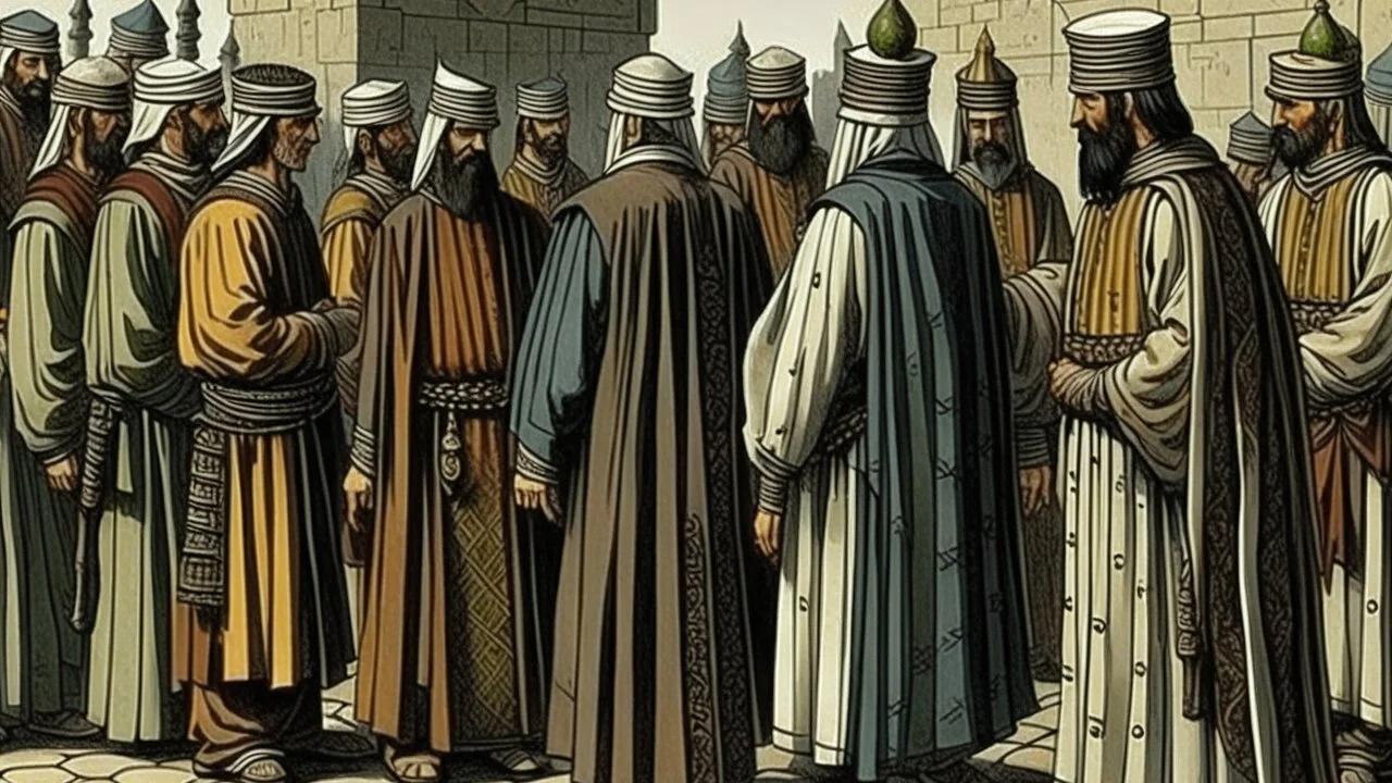 Rear view in 1490 of Andalusian men gathered around a commander in old Arab dress