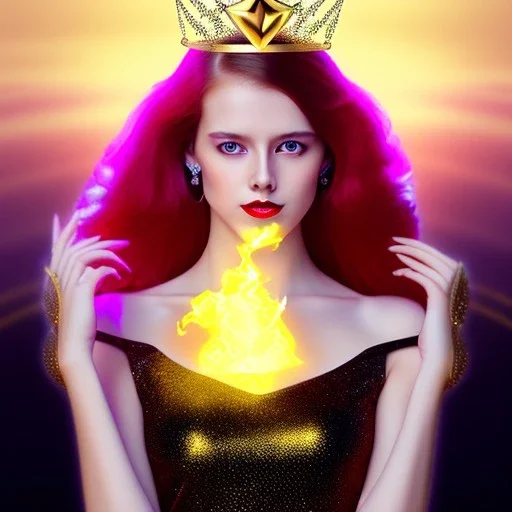 Attractive young teenage girl with golden fire red hair wearing a gold tiara, who is dressed like a witch casting a spell holding a gem, she has cat ears and open dazzling blue eyes, background is realistic space with a moon, the girl is on a planet, black black girl dress, full body portrait, arm colors gradient effect into stars, rendered, unity 3d, unreal engine, dslr, hdr, 4k, edited, photorealistic, normal number of appendages, freckles, artists render