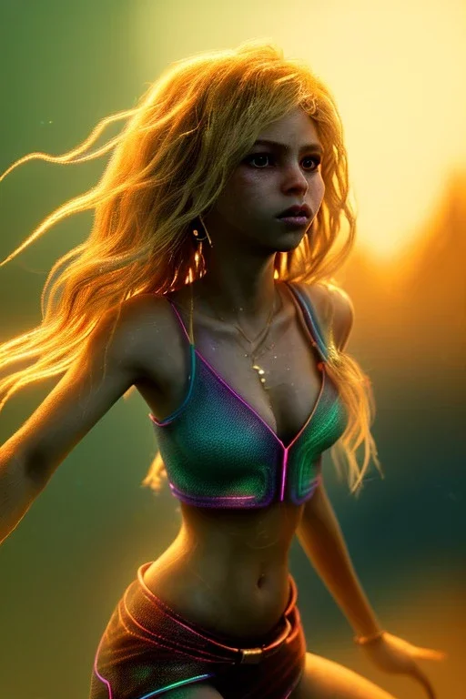 Shakira, artist, 30 years old, Realistic image, waist up portrait, etro style dress. Blonde, loose long hair, eyes make up, perfect, glow, circle iris. Neon colors, leds, geometric shapes. Dark background, photo studio, neon lights. Cyberpunk style, concept art, smooth, unreal engine 5, god lights, ray tracing, RTX, lumen lighting, ultra detail, volumetric lighting, 3d, finely drawn, high definition, 4k.