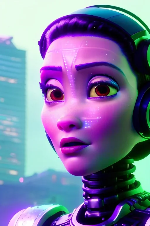 a beautiful full frame portrait digital painting of a futuristic cyberpunk robot listening to music, wide angle view, close-up, macro lens, centered camera, titanium accents, intricate details, small minutiae, tiny features, purple hair, green eyes. particulars, colorful, 8k, least ambient occlusion, volumetric lighting, volumetric clouds