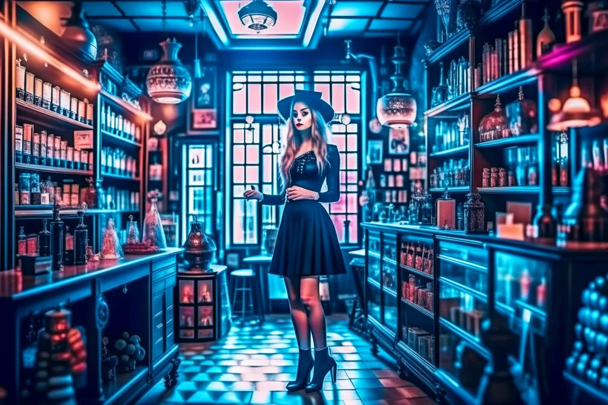 full-height shot of a young witch in a tight black short skirt, inside a large magic shop, shelving, bottles, windows