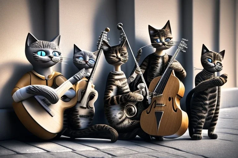 Group of three mature cats musicians, one cat playing guitar, one cat playing drums, one cat holding microphone and singing, street, Vienna, smiling, sunny day, model style, hyper realistic, extremely accurate, delicate, extremely detailed, Graphic novel style, wide-angle, open aperture, superfine pencil