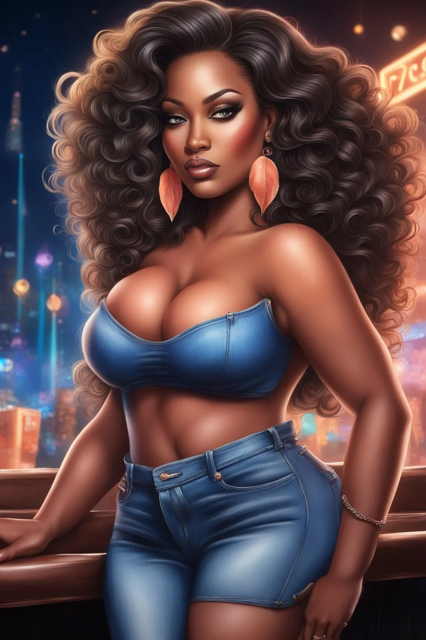 create an airbrush illustration of a curvy black female wearing Tight blue jeans and a peach off the shoulder blouse. Prominent make up with long lashes and hazel eyes. She is wearing brown feather earrings. Highly detailed long black shiny wavy hair that's flowing to the side. Background of a night club.