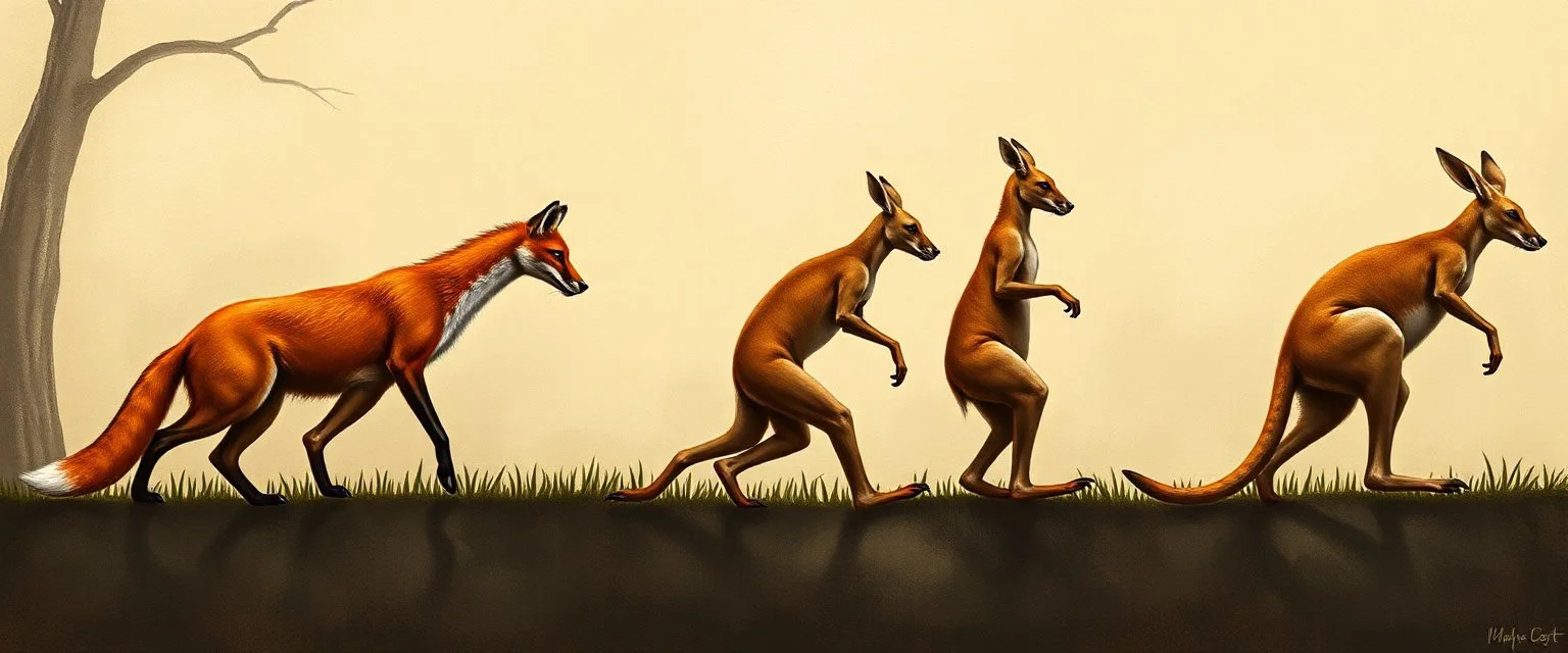 a study of evolution from foxes to kangaroos to humans, stage by stage. 5 stages, "you know its true" title