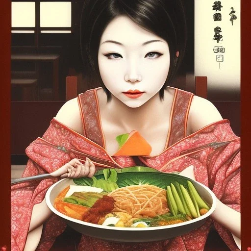 A happy sultry japanese girl eating a meal with her lover who is having an erection