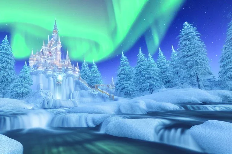  white and gold crystal castle，waterfall, winter snow flakessnow, northern Lights, full of details, smooth, bright sunshine，soft light atmosphere, light effect，vaporwave colorful, concept art, smooth, extremely sharp detail, finely tuned detail, ultra high definition, 8 k, unreal engine 5, ultra sharp focus