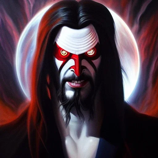 Ultra detailed fullbody Portrait in oil on canvas of Morbius Villain ,extremely detailed digital painting, extremely detailed face,crystal clear Big Glowing red eyes, mystical colors ,perfectly centered image, perfect composition, rim light, beautiful lighting, 8k, stunning scene, raytracing, anatomically correct, in the style of robert e howard and Ken Kelley and Ohrai Noriyoshi and Simon Bisley and tomzj1