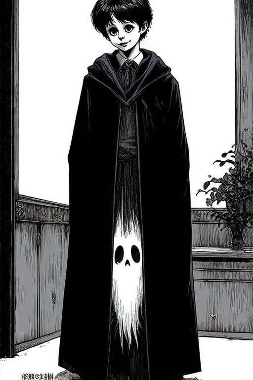 7 year old boy, necromancer, friendly, looks dead,wearing black robes, with the lower body of a ghost in the style of Harry Clarke