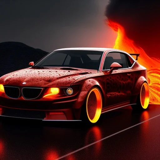 sweeping view of detailed phong shaded rendering of a car made of molten lava, headlights, bumpers