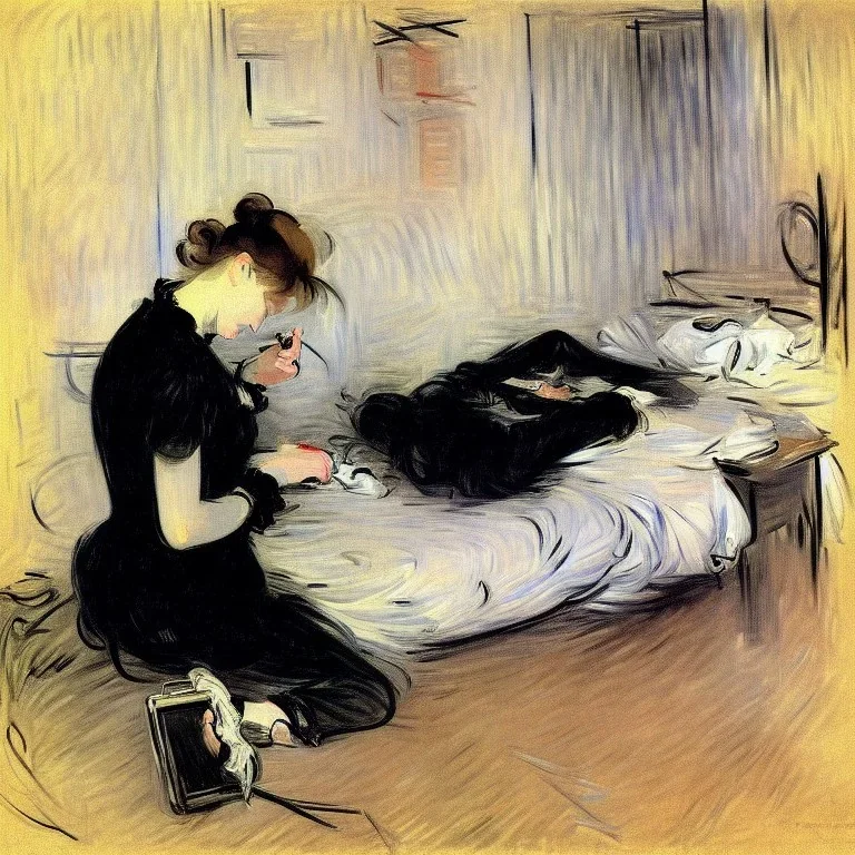 depressed woman typing at a smartphone laying on the floor of a dark bedroom, by berthe morisot