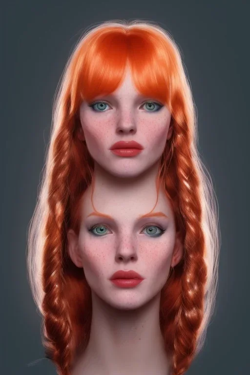 Woman ricci, cute, beautiful, orange hair, two braids, wild bangs, blue eyes, big eyes, freckles, long eyelashes, pink lipstick, thin lips, small nose, Gillian from Practical Magic, 8k resolution concept art portrait by Greg Rutkowski