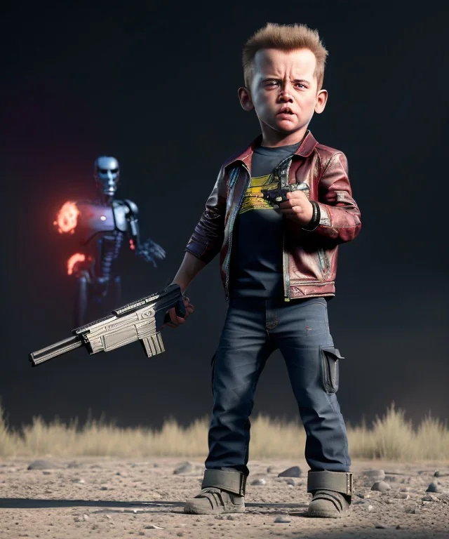 The Terminator toddler, shotgun, full body, dramatic lighting, angry, hyper realistic