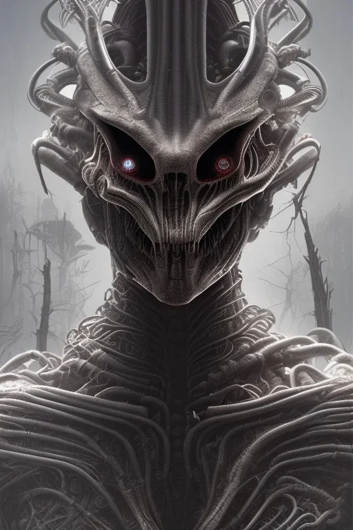 evil predator with crown, alien, brutal face, tron, head, burn eyes, 8k, finely detailed, dark light, photo realistic, hr giger, cyberpunk